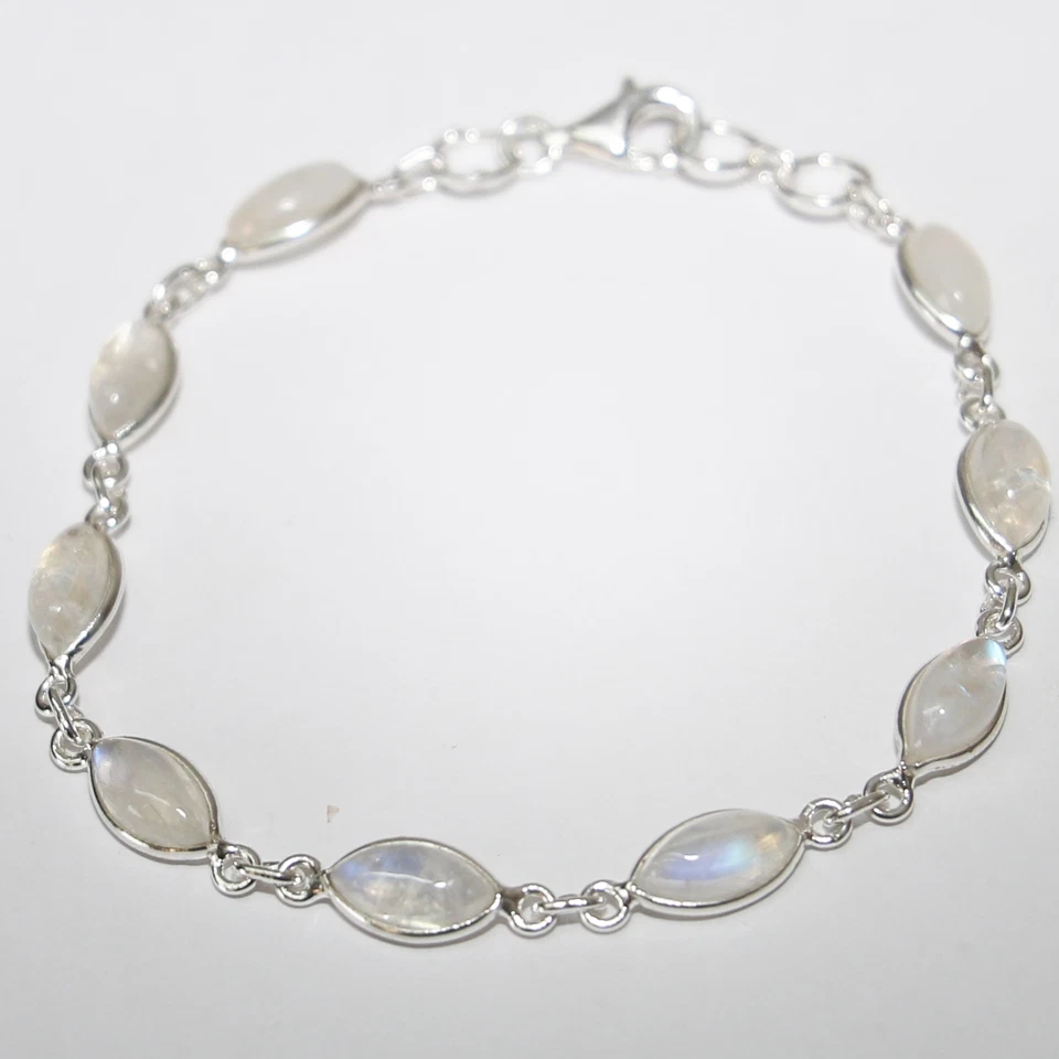 Pietra di Luna Bracciale Argento Sterling 925 Blu Luccicante 9 Cabochon Sempre - Immagine 2 di 3