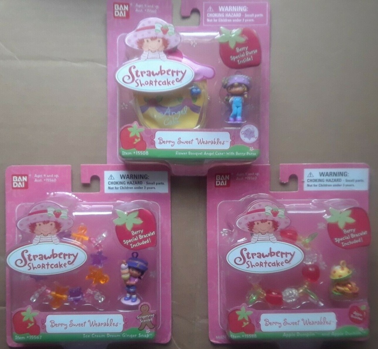 NIP, Strawberry Shortcake Berry Candy Wearables x three, 2002 and 2003
