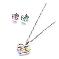 Stainless Steel Set Stud Earring Pendant Necklace Heart 17.7" Pin 0.8mm P476