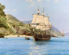 The Pirates Cove, Wafer, Cocos Islands Painting by Montague Dawson Reproduction