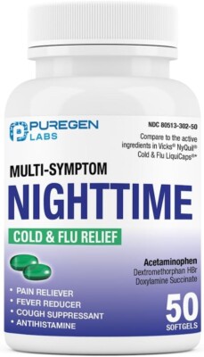 Puregen Labs Nighttime Cold & Flu Relief Medicine | 50 Softgels I EXP: 3/25