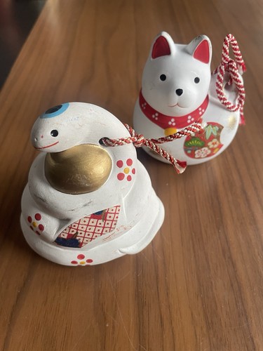 Japanese Zodiac Clay Bell Lucky Dog Red Collar Handcrafted Snake Figurine Lot