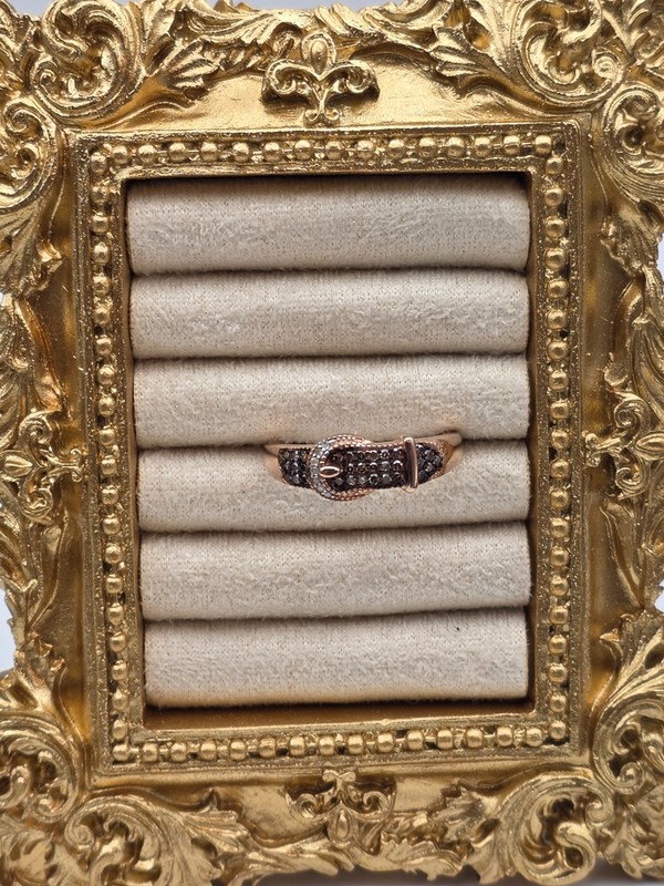 Champagne & White Diamond Buckle Ring in RG Vermeil Over Sterling, 0.25 ctw Sz 8