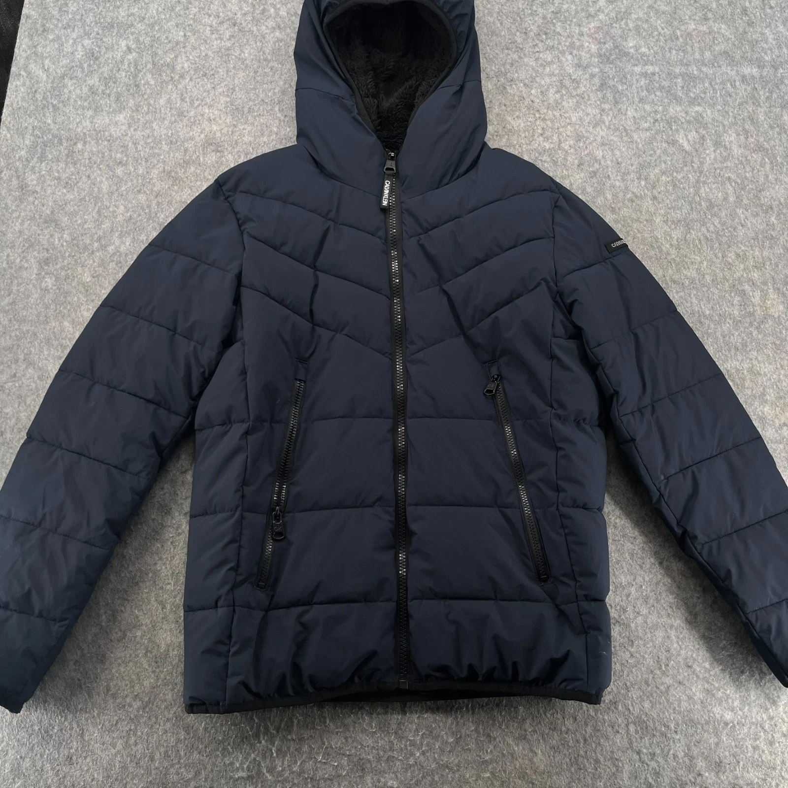 Calvin Klein Hooded Puffer Jacket Mens S Navy Blue Quilted Full Zip Coat
