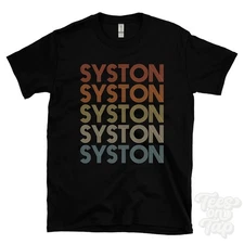 SYSTON REPEATED RETRO STYLE T-SHIRT mens & womens uk place name gift