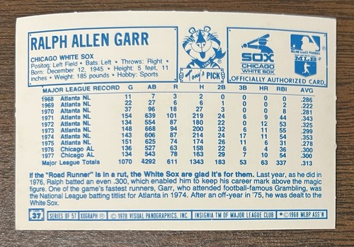 RALPH GARR 1978 KELLOGG’S BASEBALL CARD NM # 37 CHICAGO WHITE SOX - Picture 2 of 4