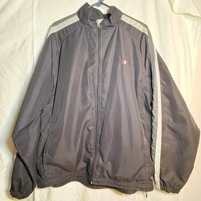 CHAMPION Windbreaker Track Jacket Mens Large Gray Full Zip Nylon Stripes Lined