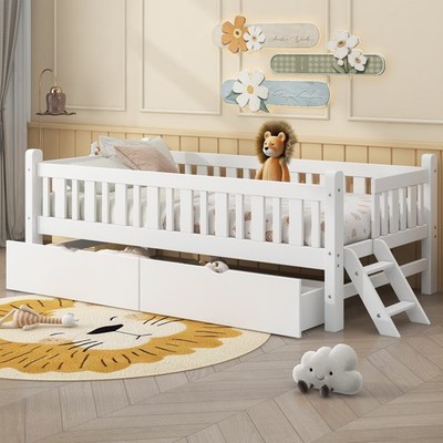 Wood Twin Size Platform Bed Frame with Guardrail 2 Drawers For Kids Girls White