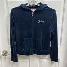 Juicy Couture XL Blue Velour Zip Up Hoodie Rhinestone Bling Track Jacket Y2K