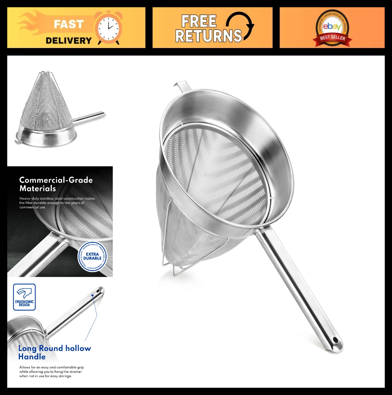 Extra Fine Mesh Stainless Steel Chinois Strainer - 10-Inch, Reinforced Kitchen T