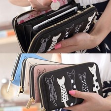 Women's Cute Cat Bifold Wallet Zipper Long Leather Clutch Purse with Card Slots