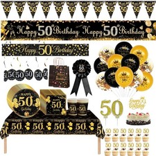 50th Birthday Decorations Black gold 50th Party tablecloth Banner balloon Supply