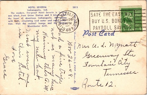 Hotel Severin Indianapolis Indiana Postmarked 1948 Linen Postcard E1 - Picture 2 of 2