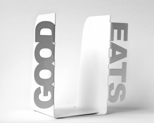 Atelierartikel - Geschenk Stahl Buchstützen - Gutes Essen (weiß) - Bild 1 von 2
