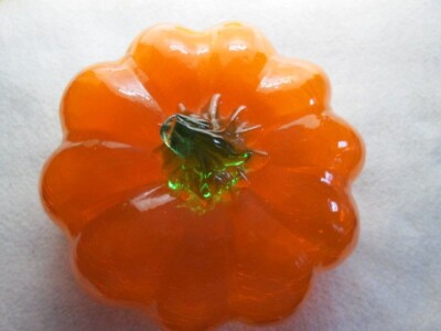 Crackle Glass Orange Pumpkin With Green Stem, 5 1/2 Inches