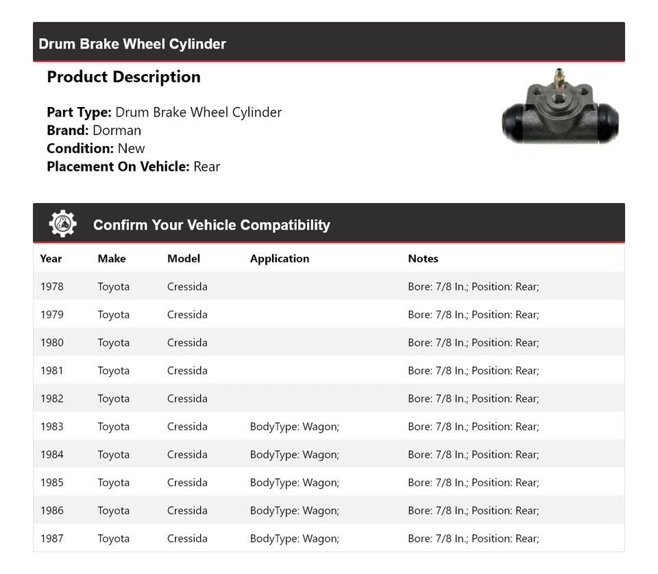 For 1978-1987 Toyota Cressida Dorman Drum Brake Wheel Cylinder Rear 1979 1980 - Image 2 of 3