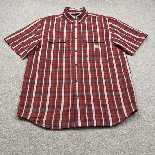 Carhartt Mens Shirt Size M Orange Button Up Plaid Workwear Collared Short Sleeve - Picture 3 of 10