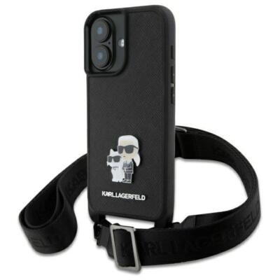 Karl Lagerfeld Saffiano Choupette Metal Pin Crossbody Strap Case iPhone 16 Black