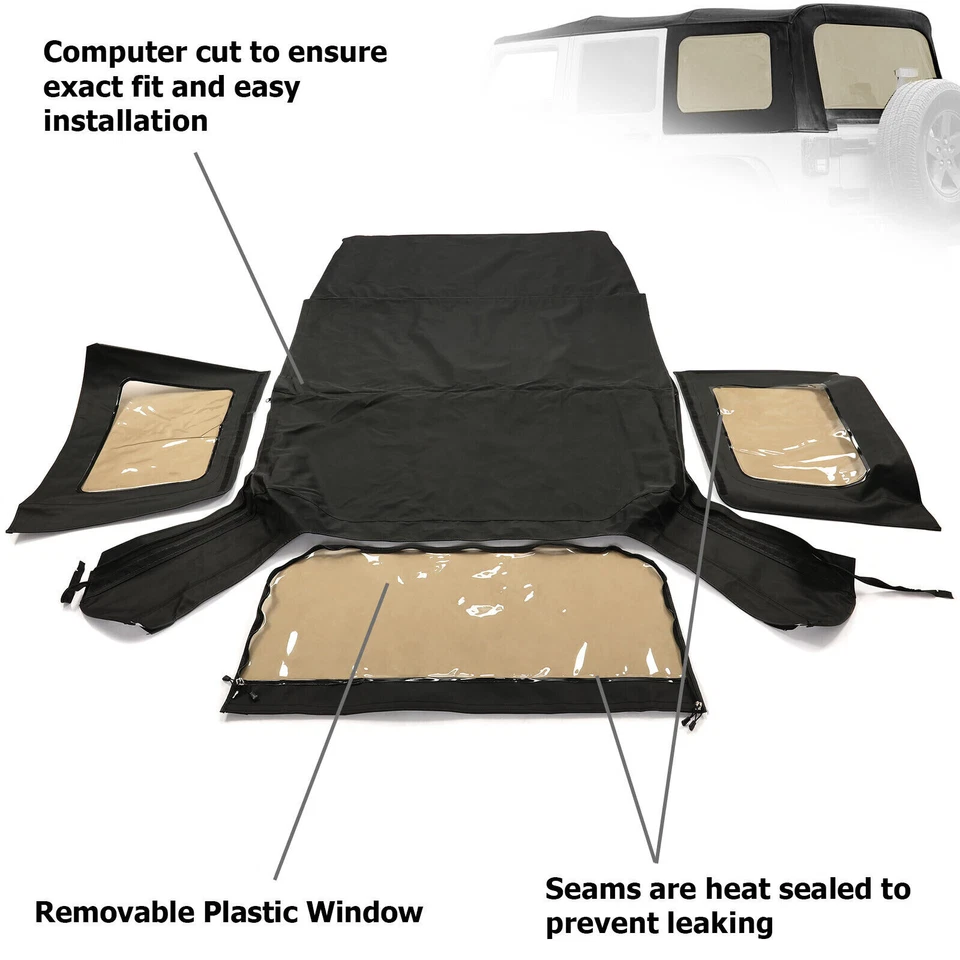 Compatível com Jeep Wrangler JK Rubicon 2010-18 4 portas substituição capota macia janelas coloridas - Imagem 3 de 4
