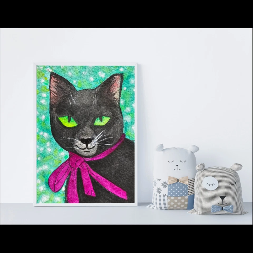 Pintura acuarela gato negro retrato animal arte original para tu pared Foto 4 de 4