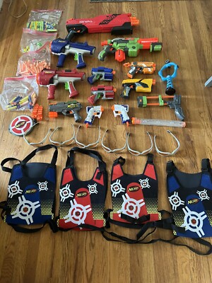 HUGE LOT Nerf Guns, Parts, Bullets, Vests, Eye Gear and So Much More
