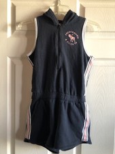 Abercrombie Kids Navy Blue Hooded Romper Shorts Trim 1/4 Zip Elastic Waist