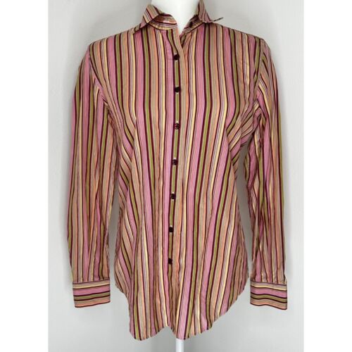 Faconnable Button Up Shirt Women Small Long Sleeve Striped Colorful Cotton - Foto 1 di 7