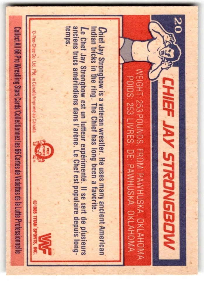 1985 O-pee-Chee WWF Wrestling Chief Jay Strongbow #20 - Image 2 of 2