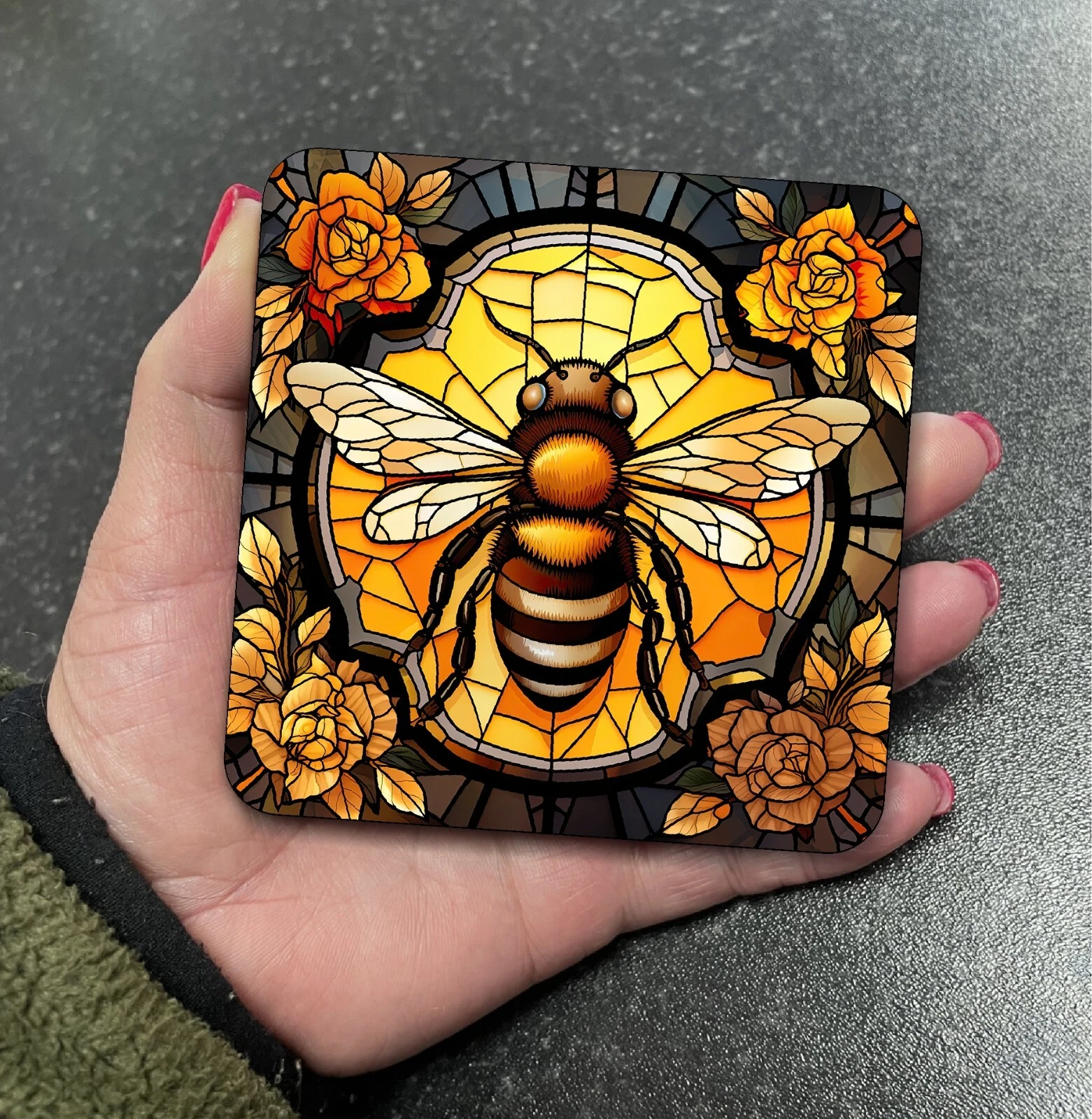 bee themed stained glass effect coaster