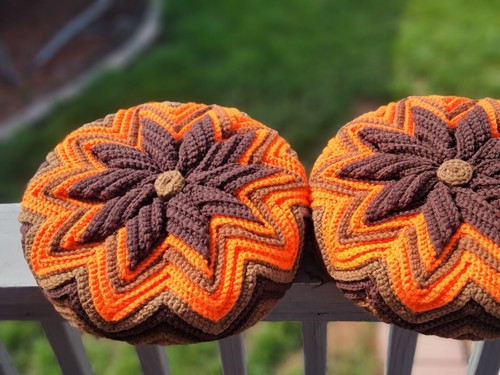 Vintage Orange, Brown & Tan Crochet Star/flower Pattern Decor Pillows- 12 Inches - Picture 2 of 7
