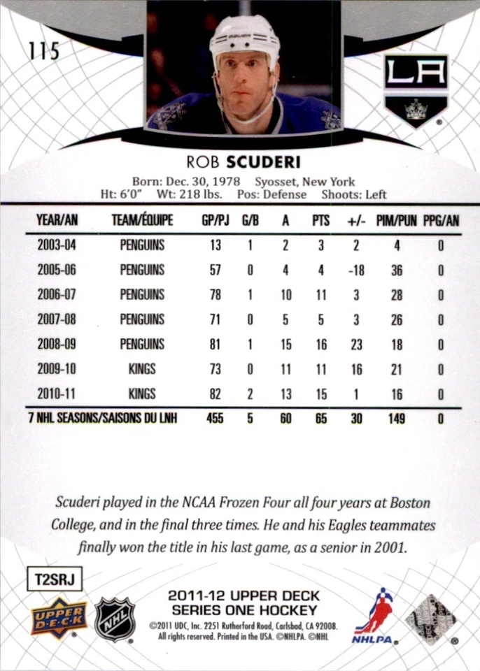 2011-12 Upper Deck Rob Scuderi Los Angeles Kings #115 - Image 2 of 2