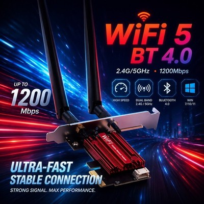 WiFi Karte PCIe 1200Mbps Dual Band 2.4GHz/5GHz + Bluetooth 4.0 für PC Windows...