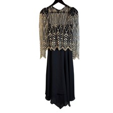 Vtg Cachet by Bari Protas 5/6 Black Gold Embroidered Maxi Dress Sheer Overlay
