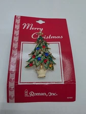 Roman, Inc. Rhinestone Enamel Christmas Tree Brooch Pin - On Card. 