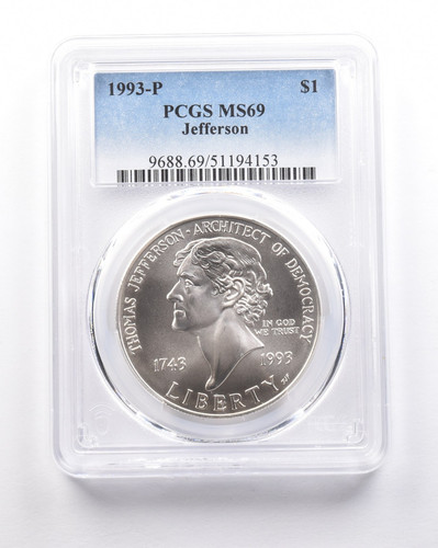 1993-P Jefferson Commemorative Dollar MS69 PCGS Rainbow Toned *5304 - Picture 1 of 3