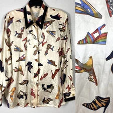 Nancy Heller Vintage silk blouse shoe print sz 12 vintage