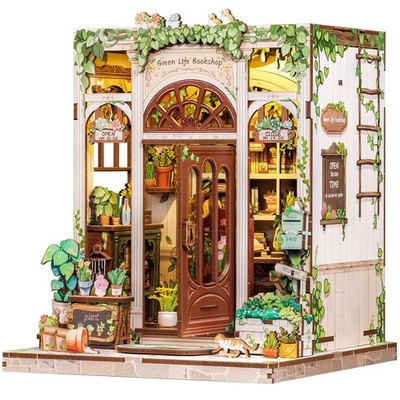 DIY Book Nook Kit Miniature House Green Life Bookshop Puzzle Holzpuzzle mit LED