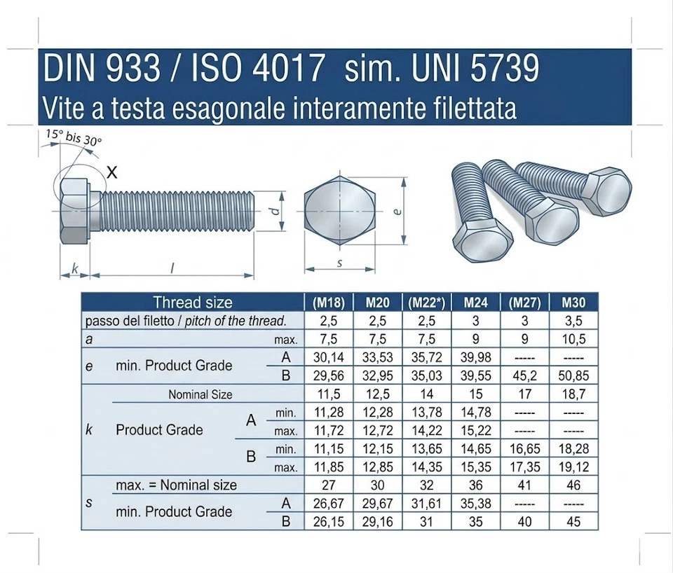 Vis Boulon Inox Tête Hexagonale TH M18 M20 M22 M24 M27 M30 Pas Gros / Longueur - Photo 3/4