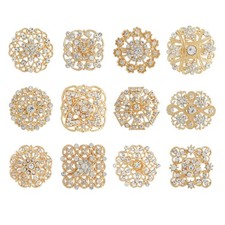 12 Pieces Gold Wedding Bouquet Brooches for Women Fashion, Rhinestone Bulk Flowe