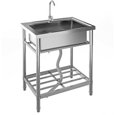 28  Stainless Steel Utility Sink W/ Faucet Hot  Cold Water Pipes Storage Shelf