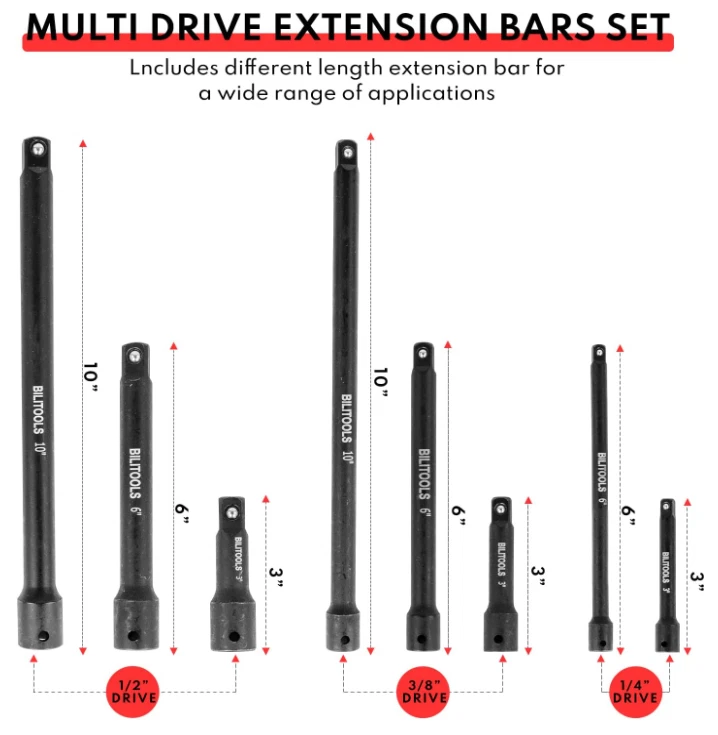 18-Piece Drive Tool Set, 1/4–1/2" Extensions, Adapters, U-Joints, Cr-V Steel - Image 4 of 4