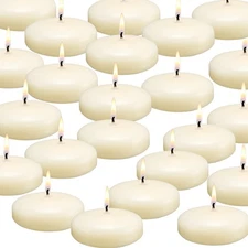 qinxiang 12 Pack Floating Candles 3” Ivory Unscented Dripless Wax Burning Can...