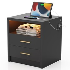 Nachttisch Mit LED-Beleuchtung & Ladestation - 3 Schubladen, Schwarz, 45x40x67 Cm