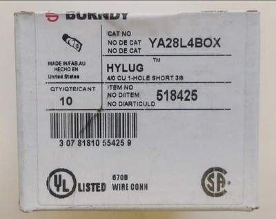 BURNDY P/N:YA28L4-BOX HYLUG 4/0 CU 1-HOLE SHORT 3/8 BOX OF 10