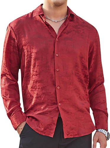 Mens Satin Dress Shirt Long Sleeve Tailored Fit Formal Party Silk Look Top - Picture 12 of 38