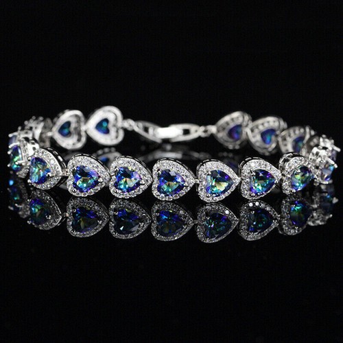 New Blue Mystic Topaz Love Heart Shape Gemstone Charm Girl Women Silver Bracelet - Picture 6 of 6