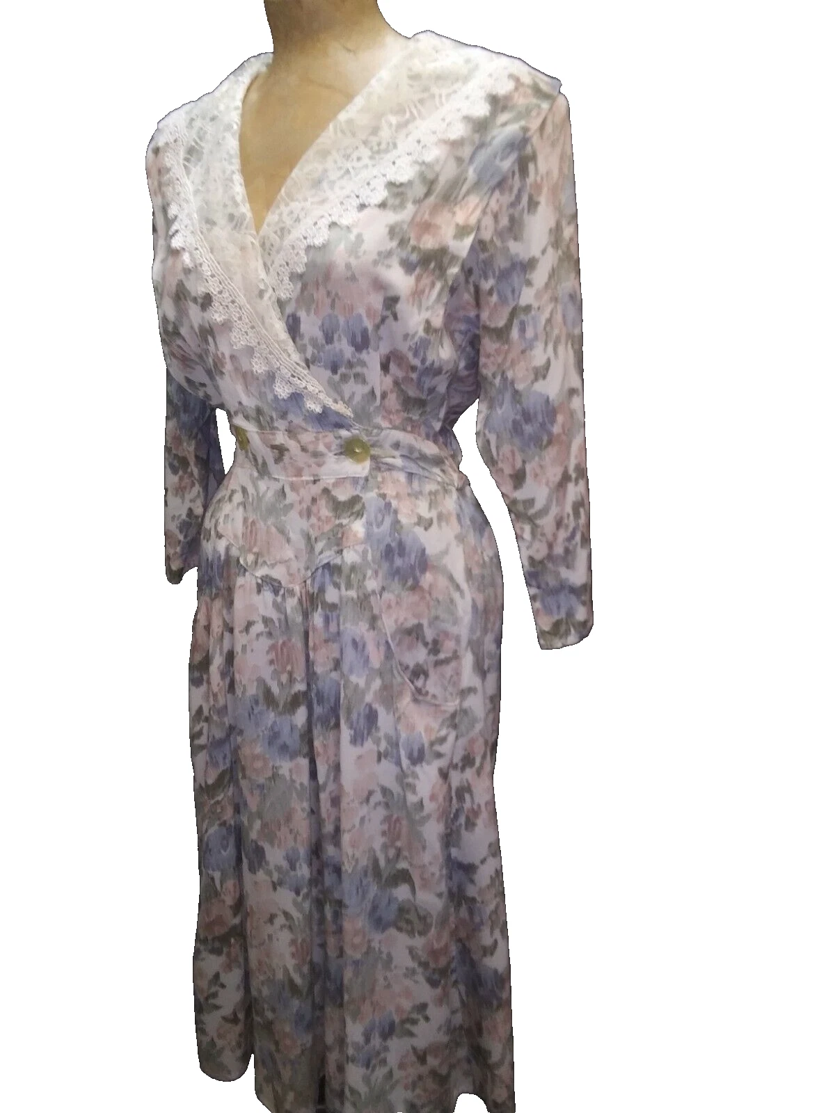 Vintage 1980's White Peach Green Cotton Eyelet Romantic Dress Blondie & Me S