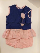 Vintage Baby Outfit Top And Bloomers Blue With Pink Gingham