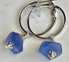 Silver Lever Back Hoops Dangle Blue Earrings. Ocean. Sea Glass.
