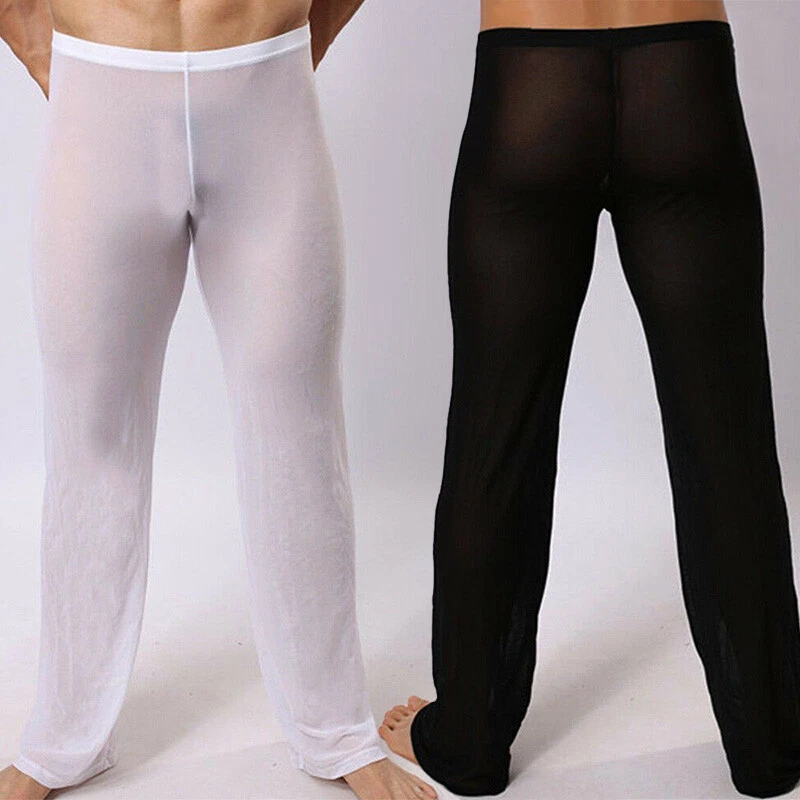 Men Long John Sheer Mesh Yoga Pants Smooth Stretchy Underwear Leggings Trousers